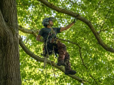 Crew member cutting a branch section overhead